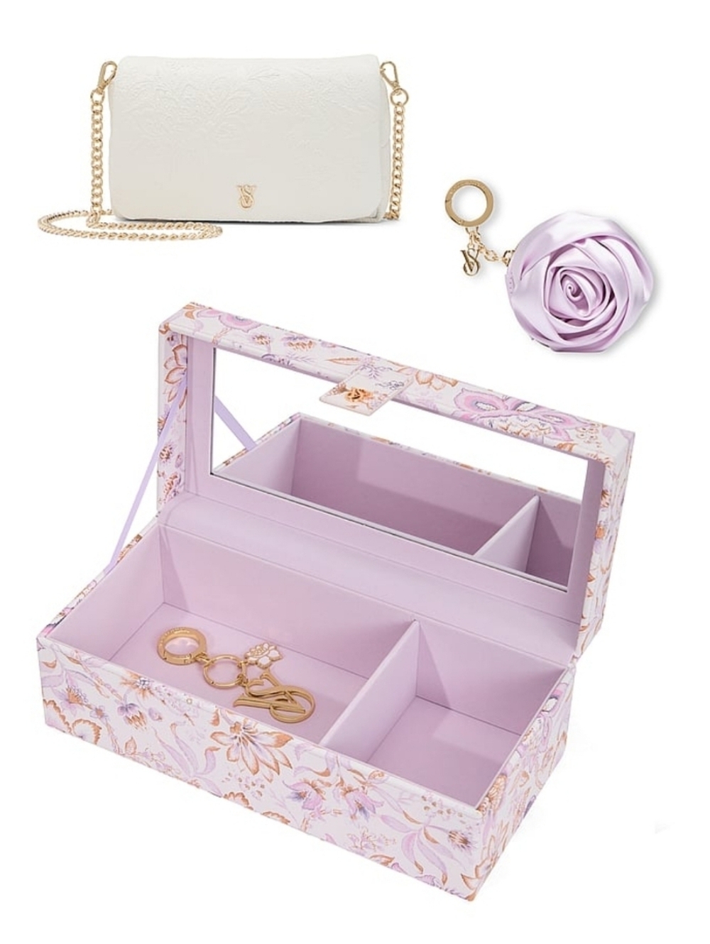 Victoria's Secret Lavender Floral Jewelry Box with Mirror Bundle Bags